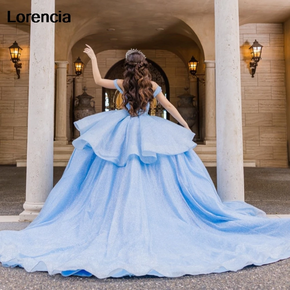 Lorensia gaun dansa biru Quinceanera berkilau gaun pesta manik-manik Applique berkilau korset berjenjang kristal manis 16 Vestidos De 15 aduduk YQD949