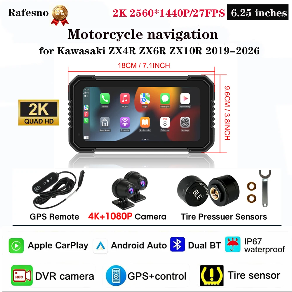 Rafesno 6.25"  Carplay Screen Motorcycle Navigation  for Kawasaki ZX4R ZX6R ZX10R 4K DVR Wireless Android Auto IPX7 Waterproof