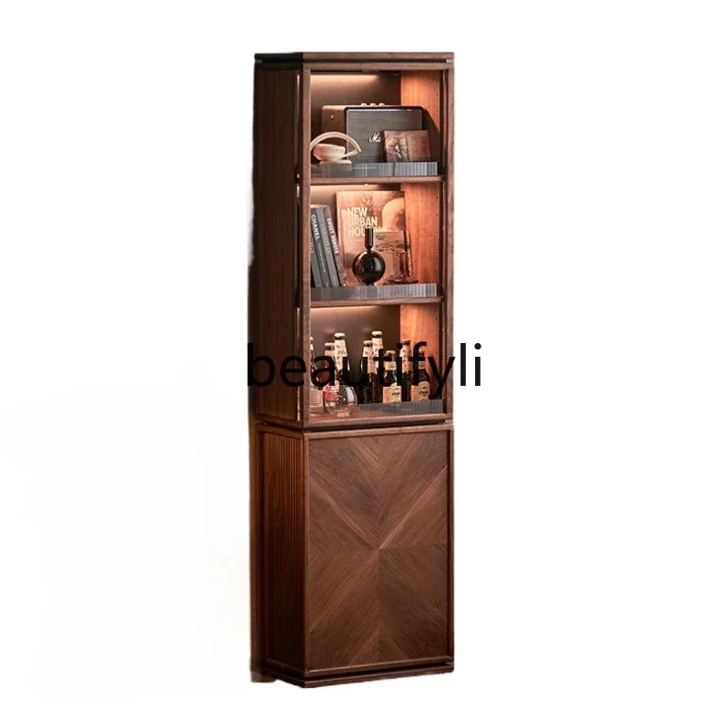 0240Solid wood narrow bookcase desk integrated black walnut, pull cabinet