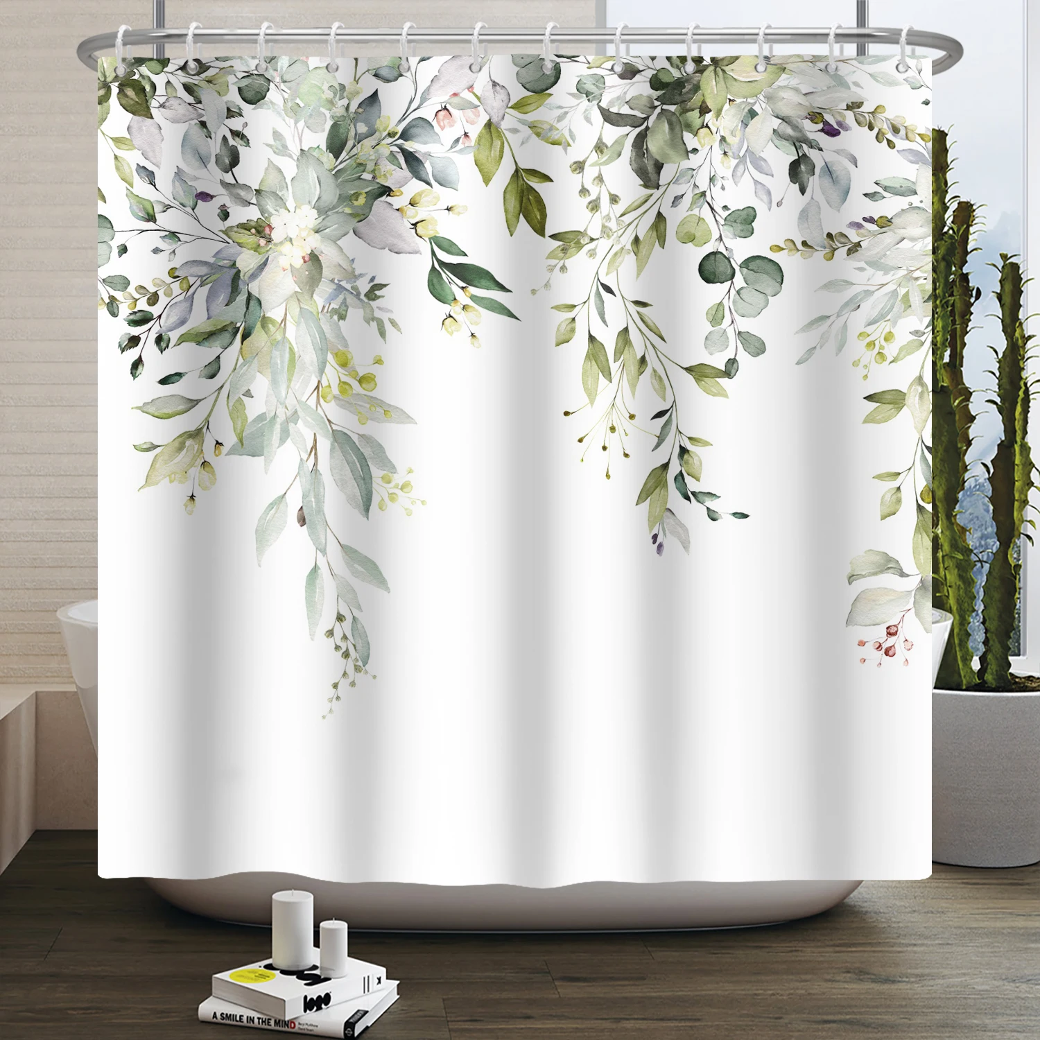 Green Eucalyptus Leaves Plant Shower Curtain Watercolor Leaf Floral Flower Boho Waterproof Bathtub Bathroom Shower Curtain Decor