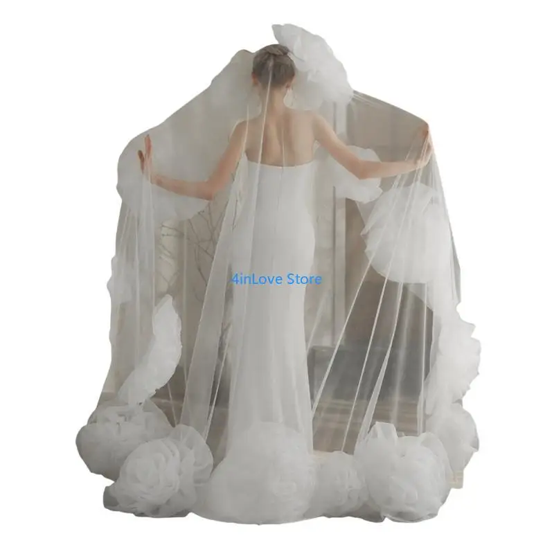 

T4MD Handcraft Bridal Veil Tulle White Veil with Large Rose for Bride Wedding Event