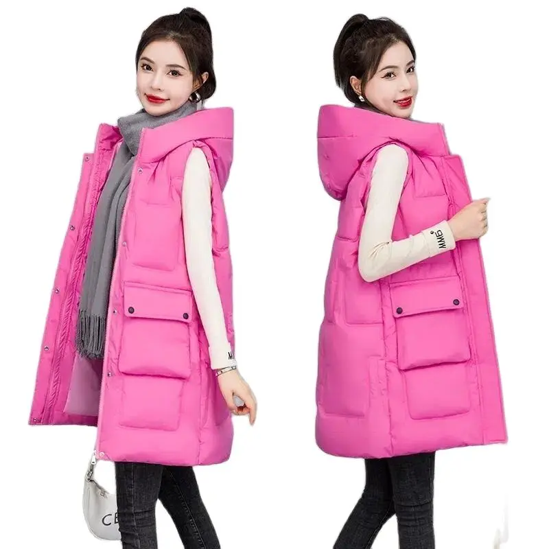 

2022 New Autumn Winter Hooded Women's Down Cotton Vest Middle Length Payment Fashion Loose Ladies Keep Warm Vest Jacket Outcoat