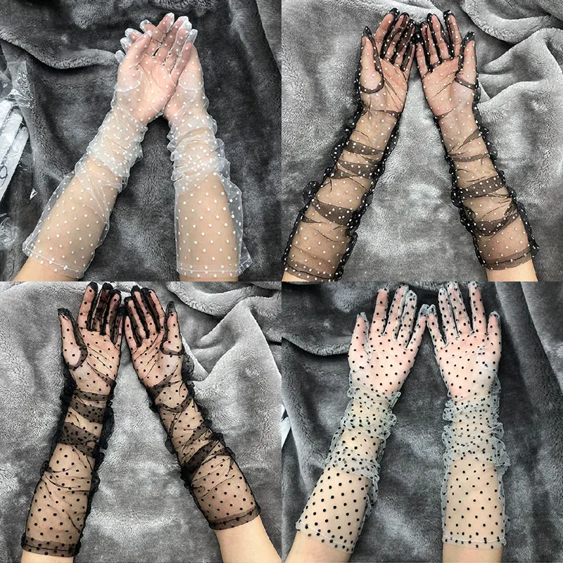 1pair Women Short Long Summer Sunscreen Sexy Transparent Party Gloves Dot Lace Long Tulle Gloves Mesh Ultra Thin Weeding Gloves