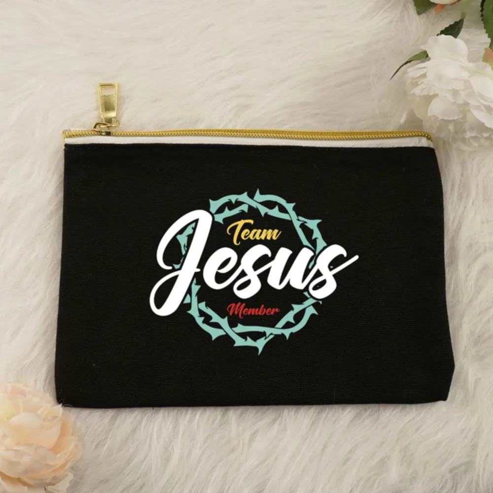 Bolsa de maquillaje con cremallera para mujer, bolso de mano con lápiz labial, bolsa de lona reutilizable, regalo de fiesta, regalos religiosos