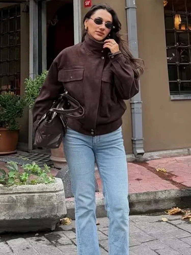 

Женская новая мода и минималистичная короткая куртка для женщин, замшевая повседневная универсальная короткая куртка-бомбер, пальто