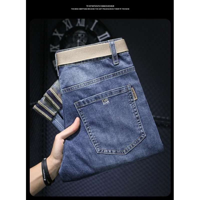 2024 Spring and Summer Blue Jeans Men's Slim Fit Small Sole Printed Casual Soft Stretch All-Matching Cropped Pants