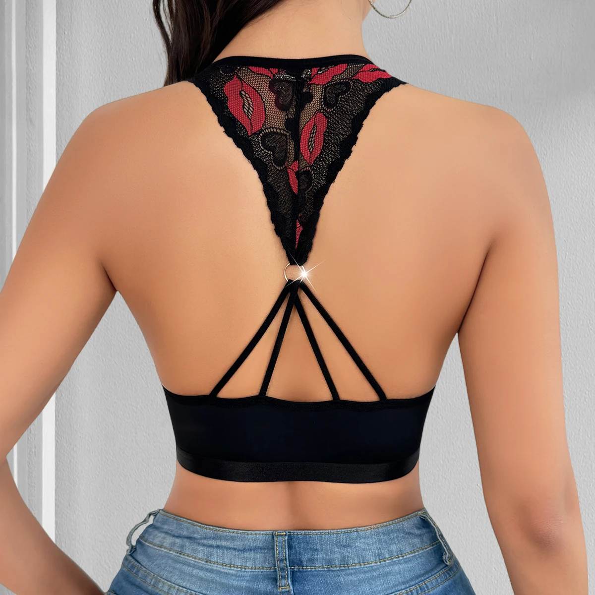 1 Uds. Ropa interior Sexy con estampado de labios de estilo a la moda para mujer, sujetadores sin relleno sin aros, sujetador de copa 3/4 para mujer, lencería Sexy con cierre frontal