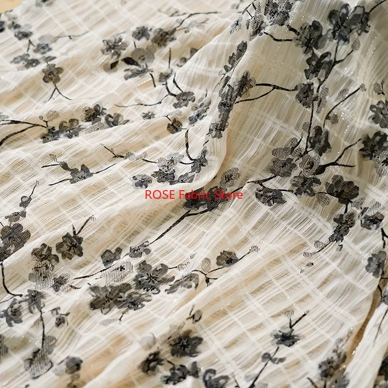 Black plum blossom Printing Chiffon Fabric Silver thread embroidery lattice fabric for  Skirts,Bridal Gown
