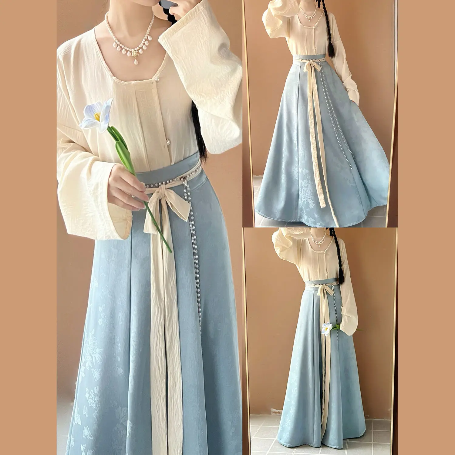 

Original Tang Dynasty Hanfu Ladies Set - Women's Elegant Cross-collar Blouse + Skirt Traditional Chinese Clothing