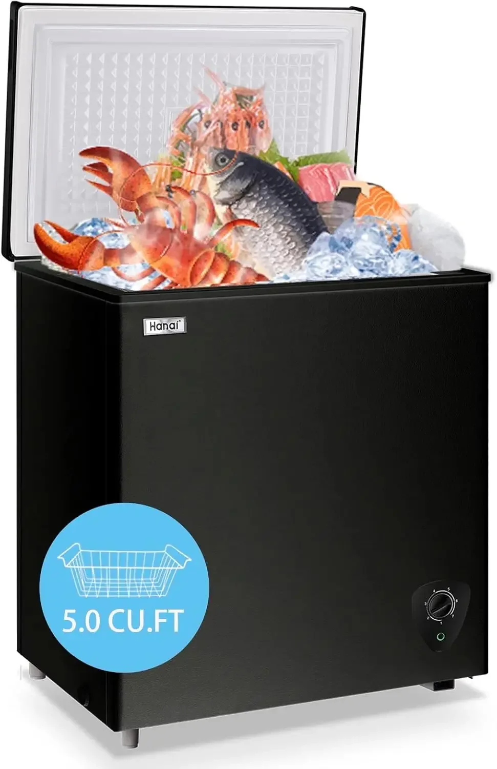 Freezer 5.0 Cu.Ft Small Deep Freezer Black Top Door Mini Freezer with Removable Basket, Low Noise, 7 Adjustable Temperature and