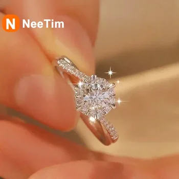 NeeTim 0.5/1CT Moissanite pierścionki z diamentami obrączka dla kobiet 925 srebro platerowane 18k białe złoto pierścionek przyrzeczenia certyfikowany