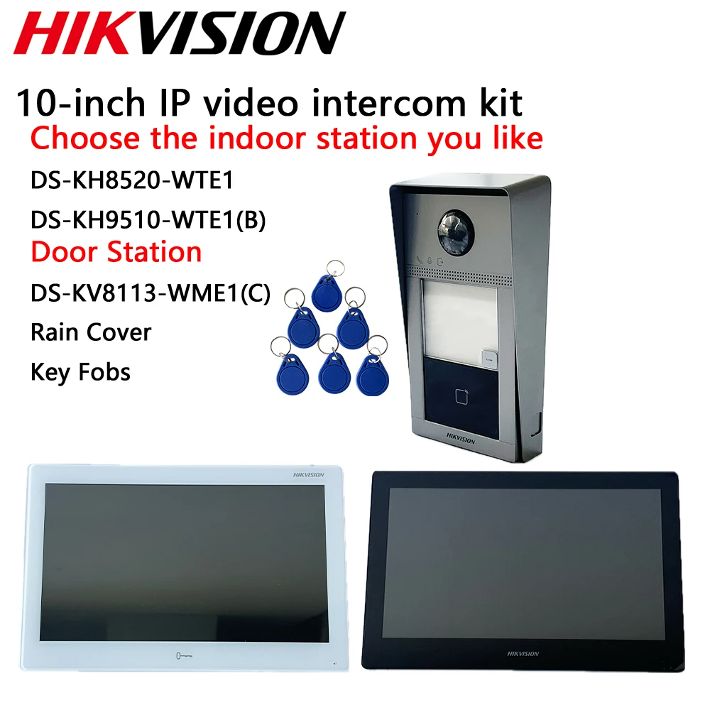 Комплект IP-видеодомофона Hikvision DS-KH9510-WTE1(B) DS-KH8520-WTE1 DS-KV8113-WME1(C) Металлическая дверная станция для виллы DS-KABV8X13-RS