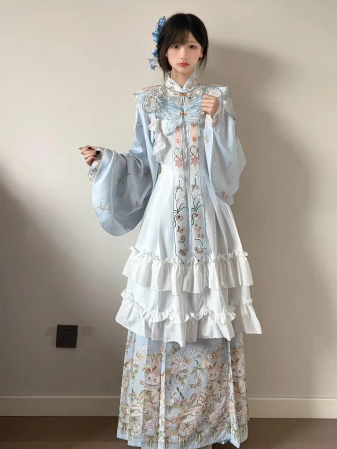 Blue Embroidered Cloud Shoulder Ladies Ming Dynasty Hanfu Skirt Cute Lolita Dress Female Traditional Chinese Costume Set