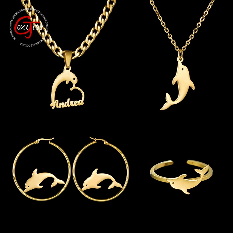 Goxijite Fashion Customized Name A Set Necklace Stainless Steel Personalized Names Dolphin Series Earrings Jewelry Party Gift