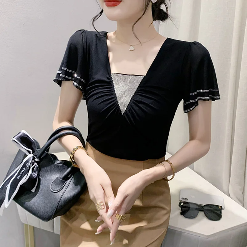 #5854 Black Pruple Mesh T Shirt Square Collar Diamonds Sexy Short Office T Shirt Butterfly Sleeve Elegant Women's T-shirt Summer