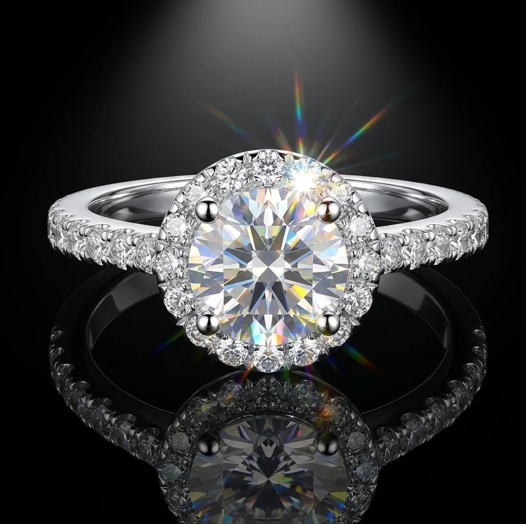 

Round Moissanite Ring, 925 Sterling Silver, D Color VVS1, 1 Carat, Classic 4 Prong, Engagement Ring, Women's, With Certificate