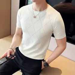 2023 Summer Ice Silk Breathable Short Sleeve Knitted T Shirts Men Round Collar Slim Fit Casual Elastic Tee Shirt Homme 3XL-M