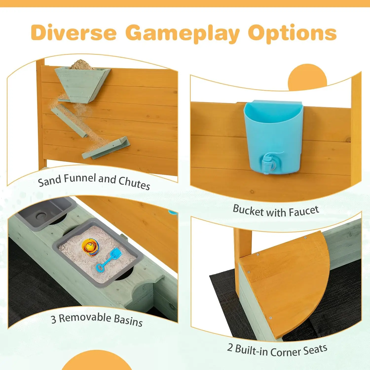 子供用の砂場,取り外し可能なキャノピー付きの木製の砂場,ウォーターバケット,収納ビン,2つのコーナーシート,ボトムライナー