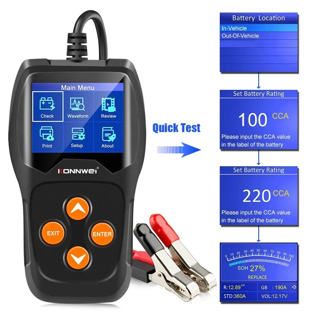 KONNWEI KW600 Car Battery Tester 12V 100 To 2000CCA 12 Volts Battery Tools for The Car Quick Cranking Charging Diagnostic