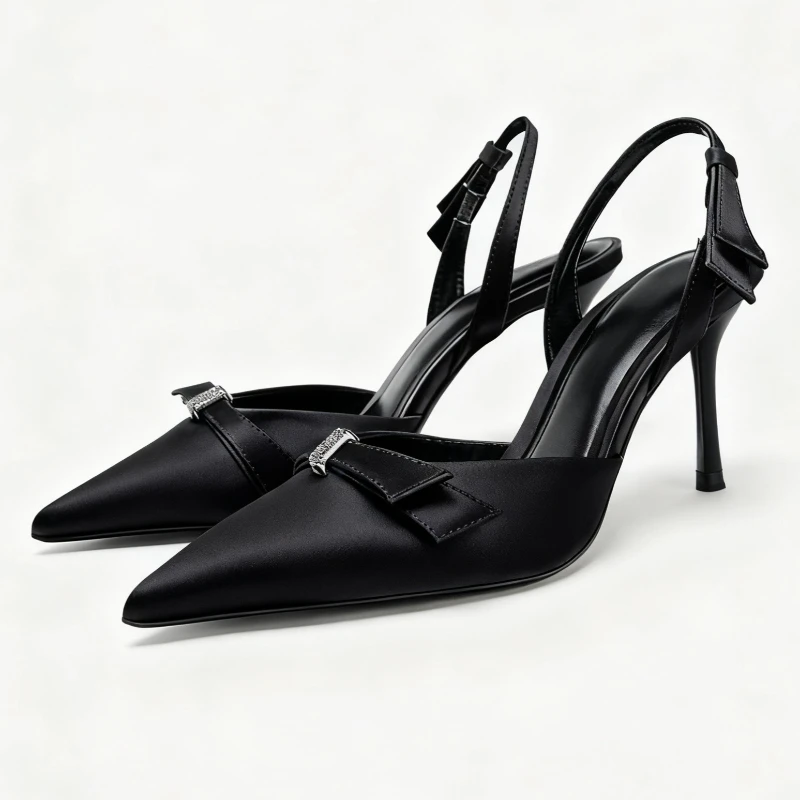 

Luxury Women Satin High Heels Sexy Pointed Toe Bowknot Back Strap Heeled Sandals Fashion Elegant Pumps for Party Wedding