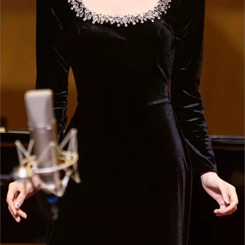 High Quality |Host Female long-sleeved Light Luxury Women Dress Chorus Black Temperament Banquet Long