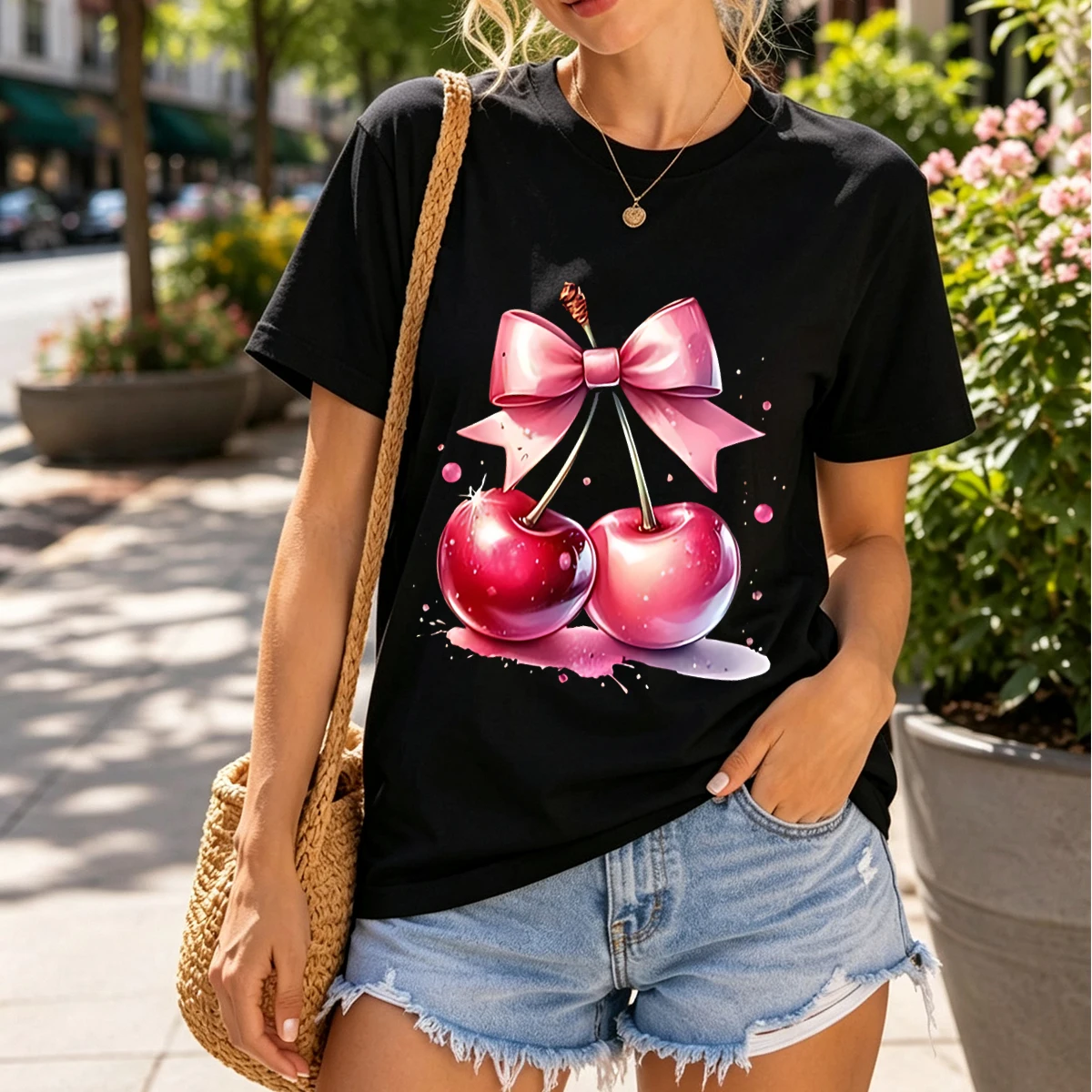 Plus Size Women Glossy Cherry Pink Bow Paint Splash Graphic 100% Cotton Soft Loose Oversized Crew Neck Short Sleeve T-Shirt For Sweet Girl Summer Daily Casual Tops
