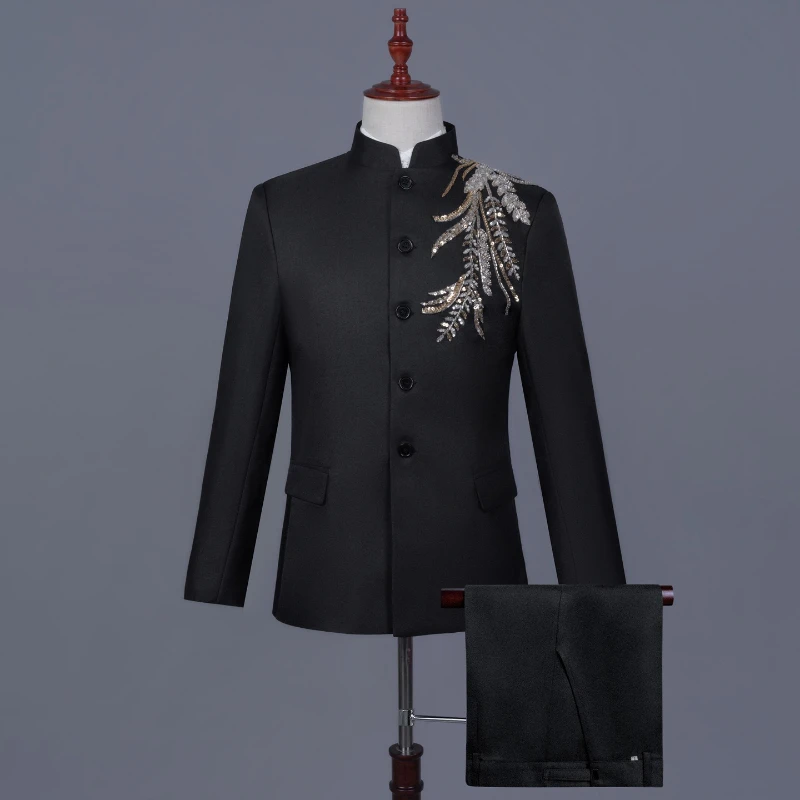 Chinese Style Sequin Hot Stamping Suit for Men,Landscape/bamboo/gold Flower Choir/hosting,Singer Performance Blazer+pants 2-Pcs