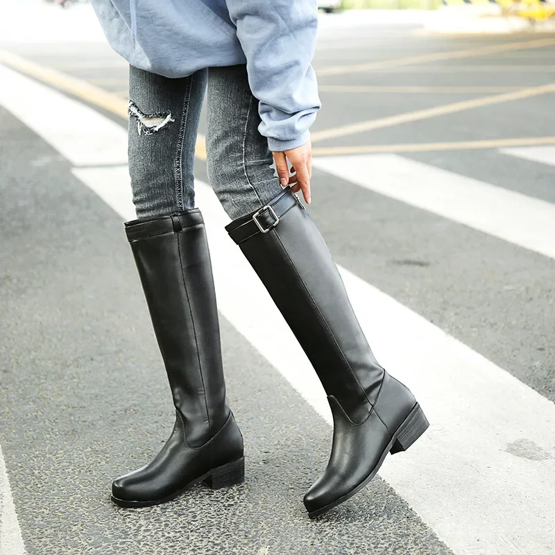 Autumn Winter Unisex Knee High Knight Boots Wide Fit 4.5CM Block Chunky Heels PU Leather Fashion Buckle Women Motorcycle Shoes