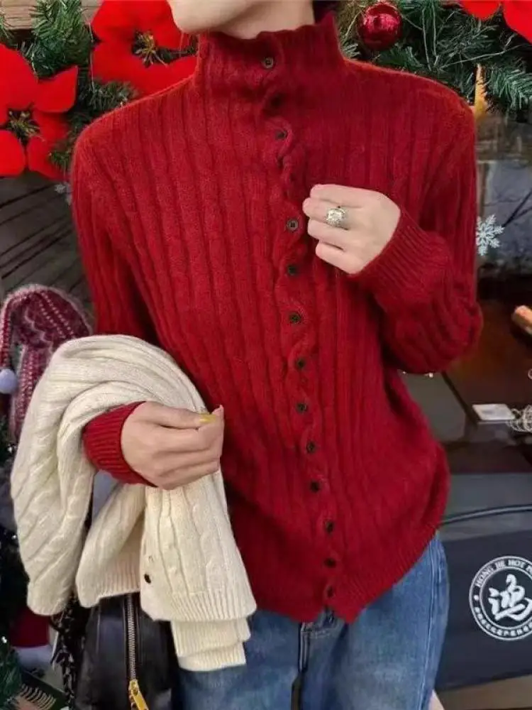 

Autumn Winter Women Solid Elegant Long Sleeved Cardigan Knitted Tops Korean Fashion Versatile Single Breasted Short Sweater Chic