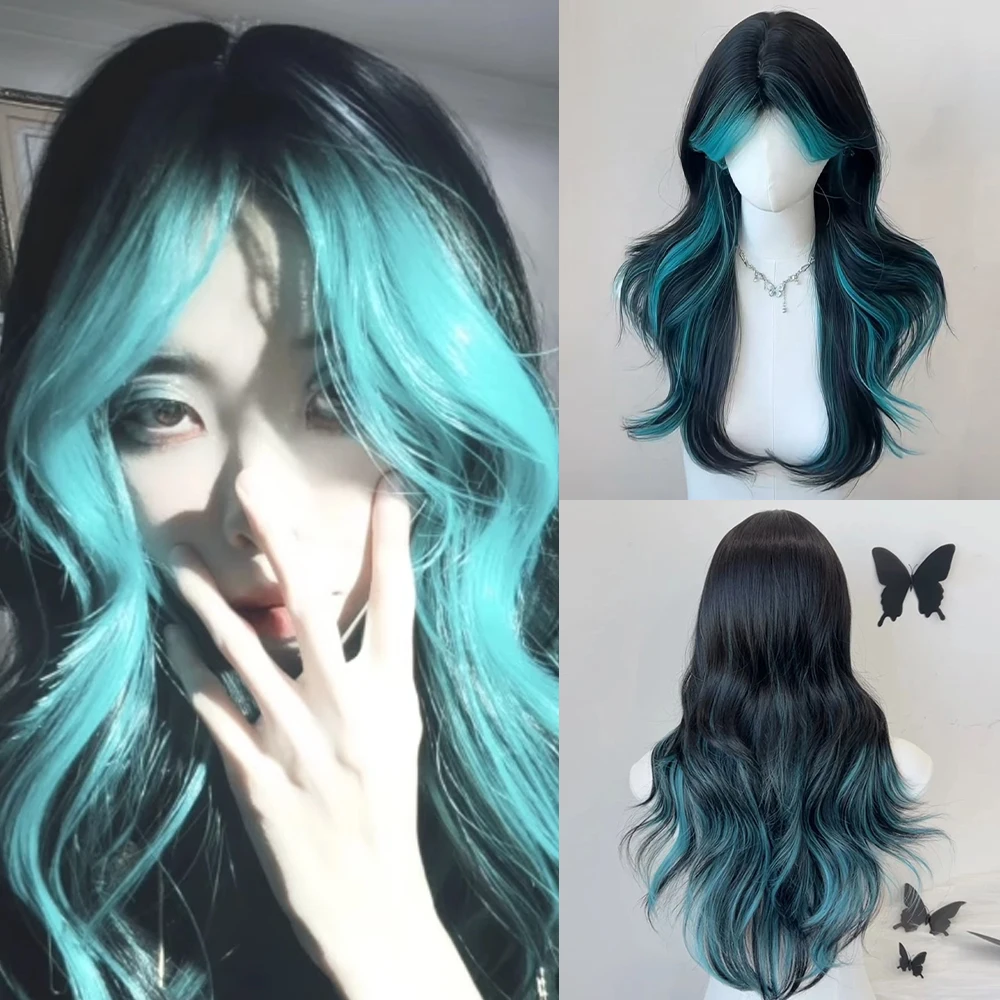 

Синтетический длинный волнистый черный, синий парик с бликами, пушистый женский парик Лолиты для косплея, термостойкий парик для повседневной вечеринки