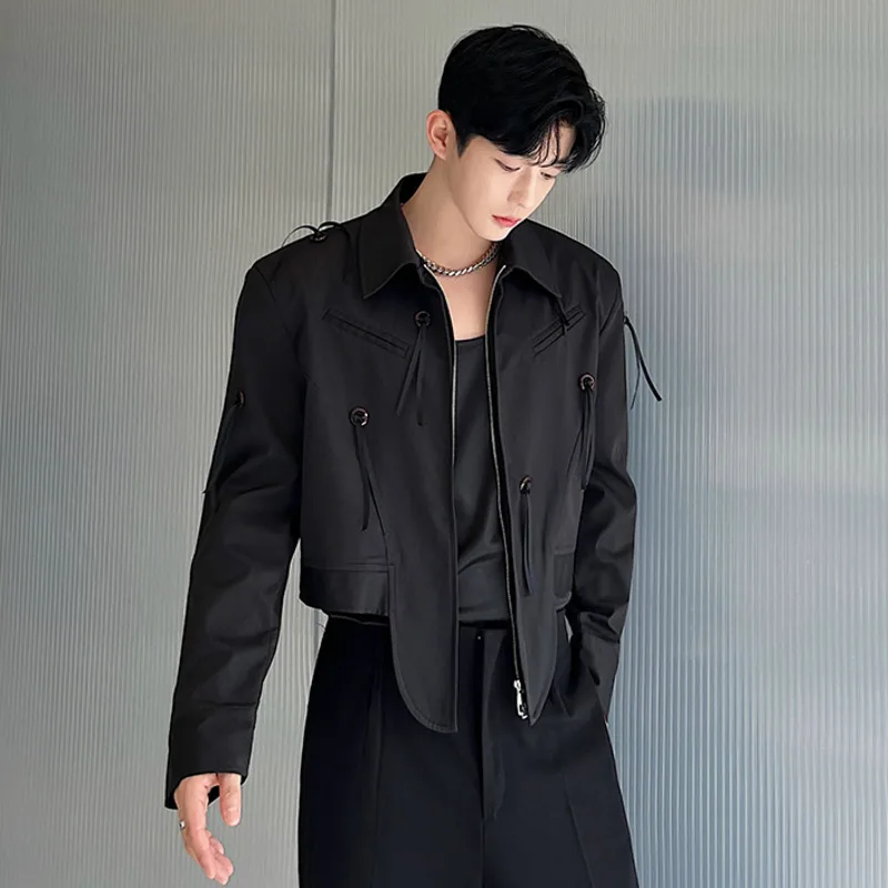 Chic Men's Irregular Crop Jackets Buckle Tassel Patchwork Streetwear Solid Lapel Long Sleeve Zipper Coats Casual Male Outerwear