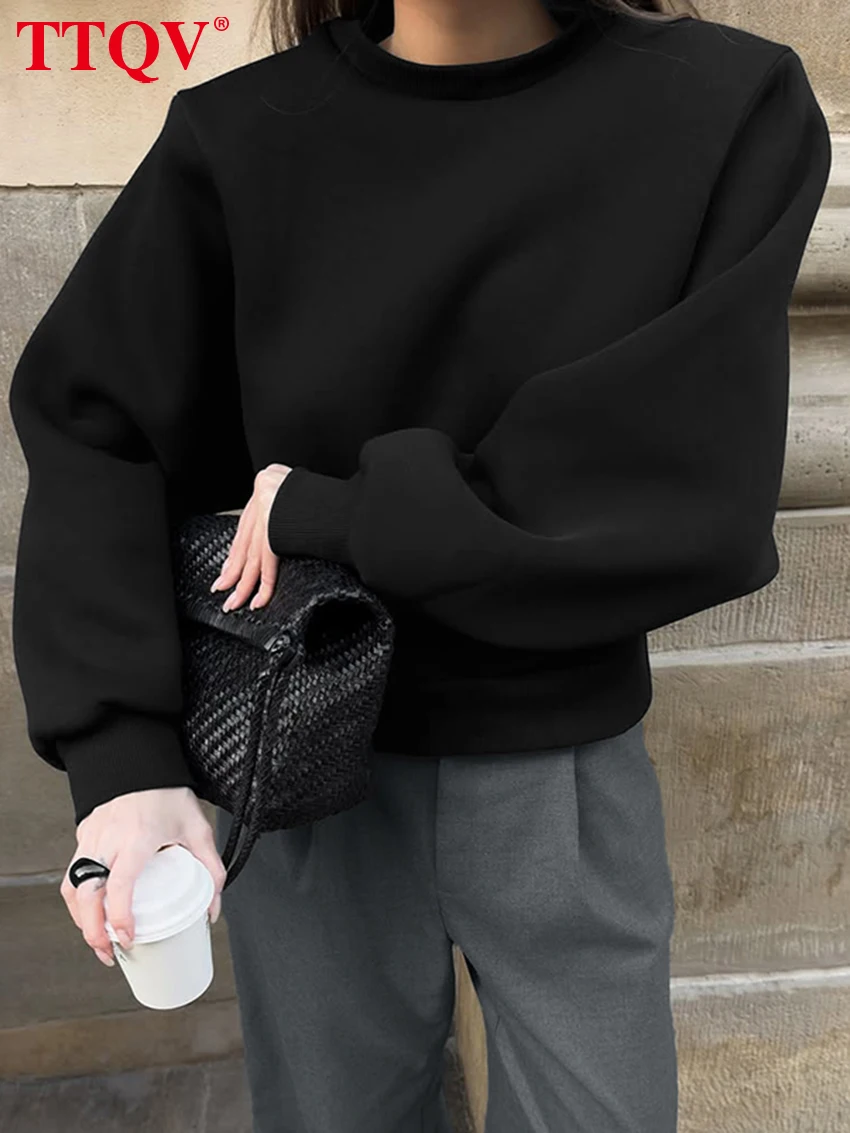 

Модная свободная женская блузка TTQV, черная, весна 2026, с круглым вырезом, длинным рукавом, элегантный классический однотонный укороченный топ, женская одежда