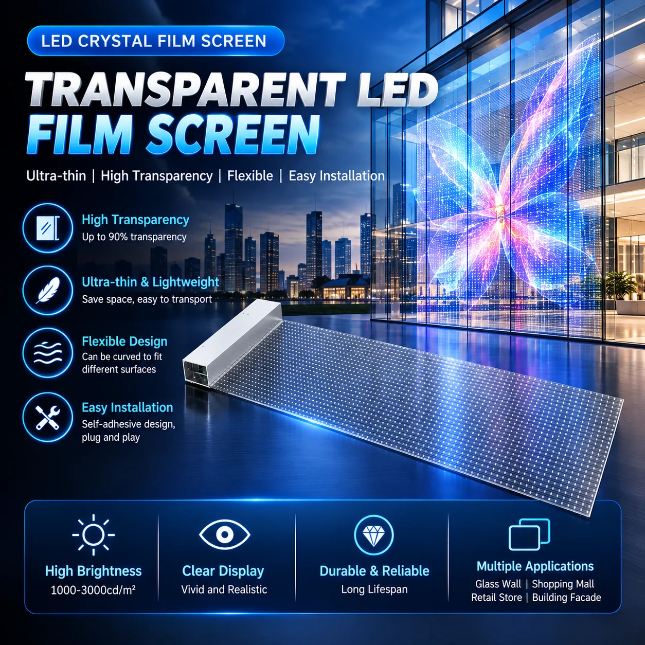 Transparent LED Film Screen High Transparency Flexible Crystal LED Display Screen For Glass Window Advertising Easy Installation