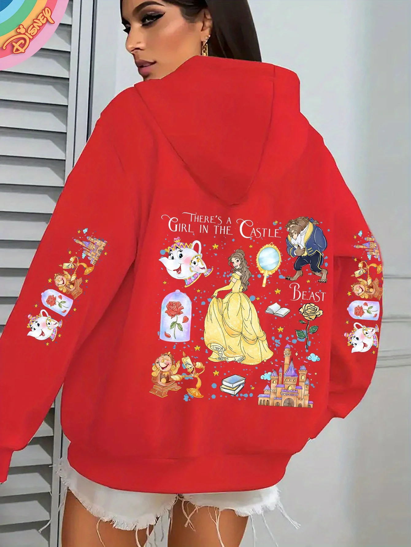 سترة ديزني بيوتي آند ذا بيست، تصميم كرتوني للجمال والأمير الساحر، سترة ديزني مريحة للخريف/الشتاء