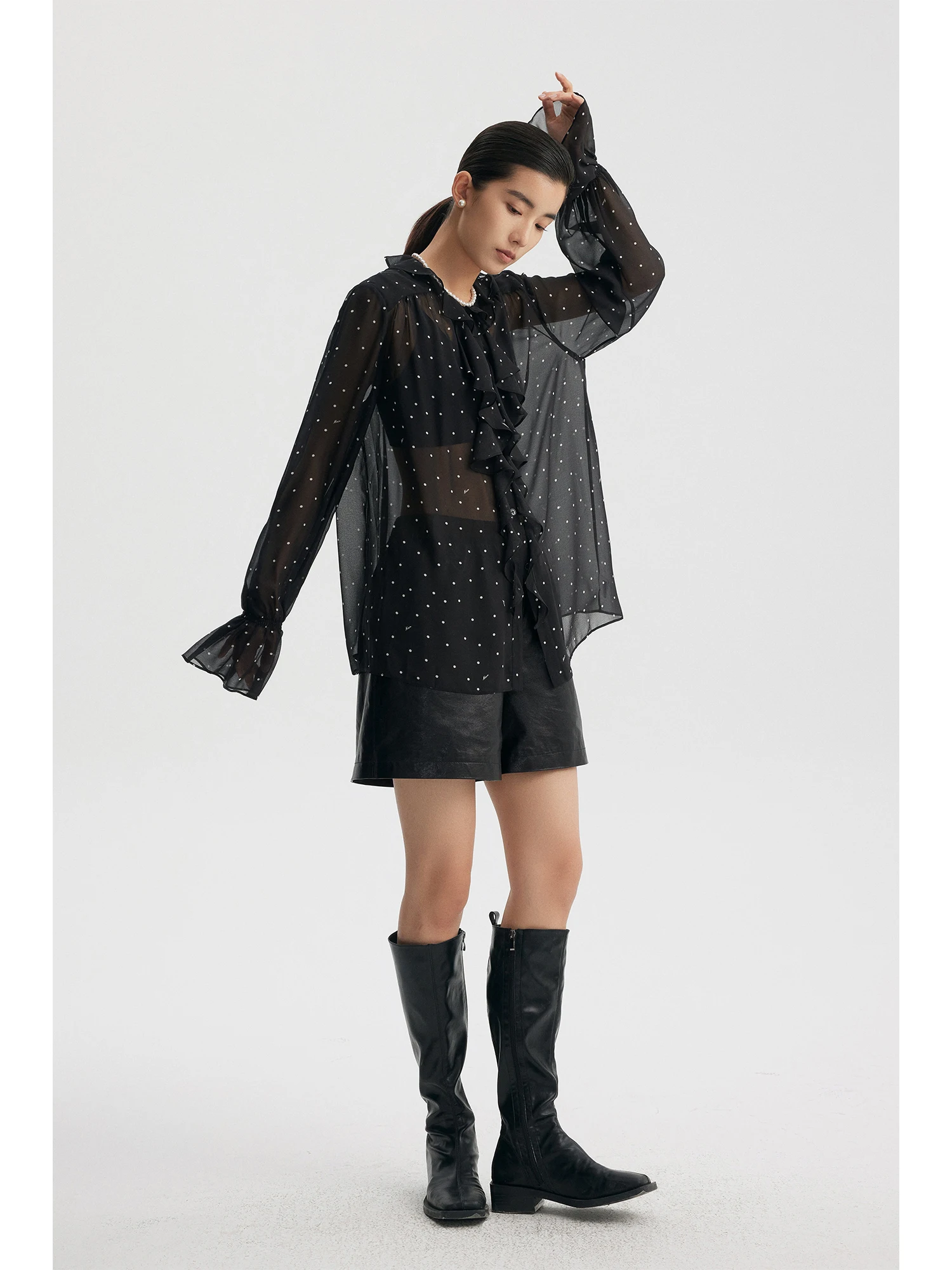 

Повседневная женская верхняя одежда Owyee с длинными рукавами, принтом в горошек, прозрачными вставками и романтичной кружевной отделкой, осенняя коллекция