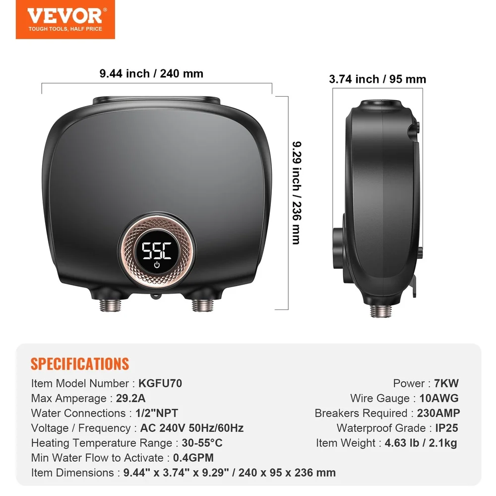 7KW Electric Tankless Water Heater Instant Hot Boiler Compact Design Digital Control Real-time Leakage Detection Constant