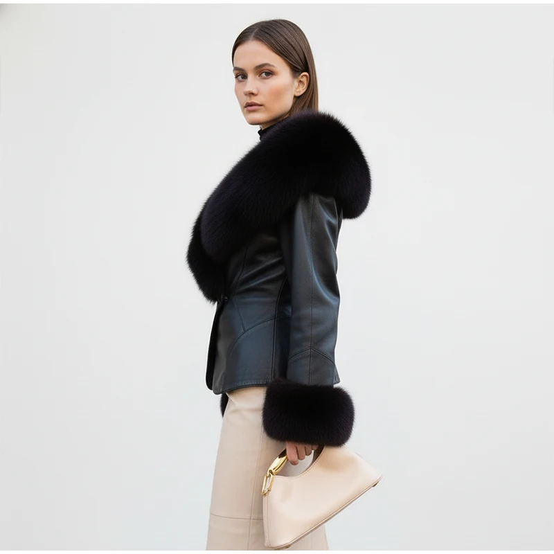 Black Fur Collar Leather Jacket Women Chic Solid Full Sleeves Waist Cinching V-neck Short Coat 2026 Lady High Street Outerwear