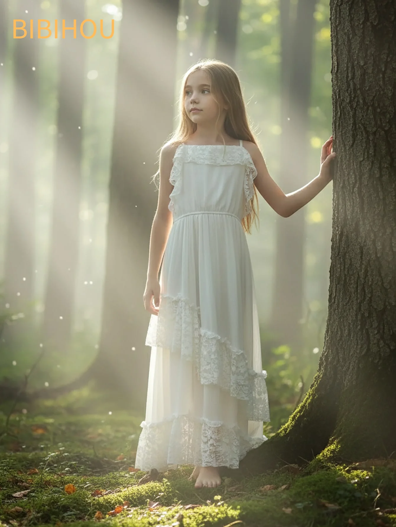 

Girls White Lace Maxi Dress Summer Bohemian Dresses for Kids Wedding Flower Girl Party Beach Vacation Casual Sundress BIBIHOU