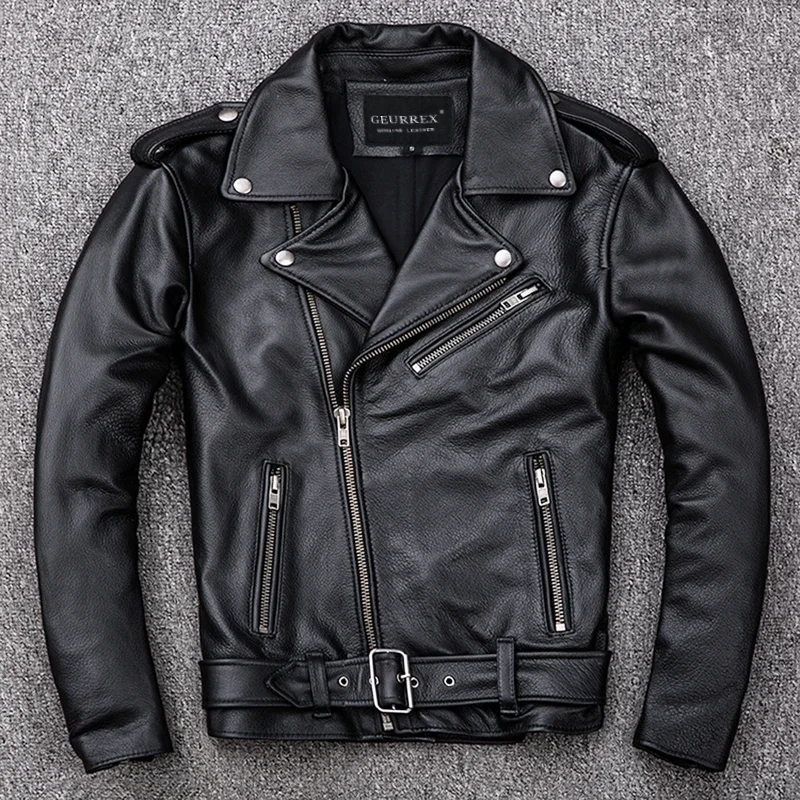 Spring Classical Motorcycle oblique zipper Jackets Men Leather Jacket Natural Calf Skin Thick Slim Cowhide Moto Jacket man