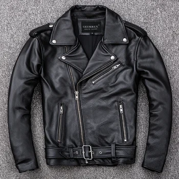 Spring Classical Motorcycle Oblique Zipper Jackets Men Leather Jacket Natural Calf Skin Thick Slim Cowhide Moto Jacket Man