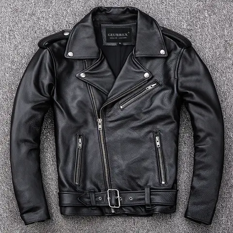 Spring Classical Motorcycle Oblique Zipper Jackets Men Leather Jacket Natural Calf Skin Thick Slim Cowhide Moto Jacket Man