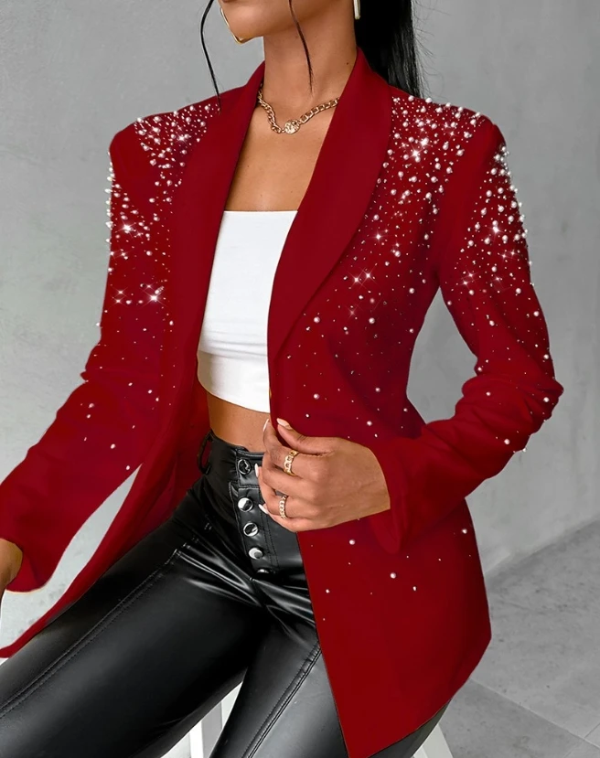 Women's Fashion Beaded Shawl Collar Blazer Coat Autumn Elegant Temperament Long Sleeve Plain Office Lady Work Blazer Coat