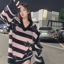 Pink Black Striped Star V-Neck Hollow Out Long Sleeve Knitted Pullovers Women Y2k High Street American Retro Sweaters Chic