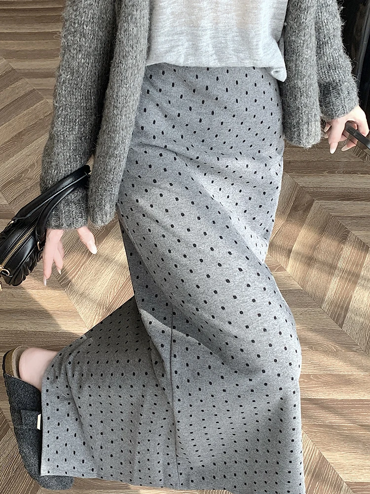 Elastic High Waist Polka Dot Skirts Women Back Split Straight Skirts Elegant Casual Long Skirt Maxi Korean Fashion Black Skirt