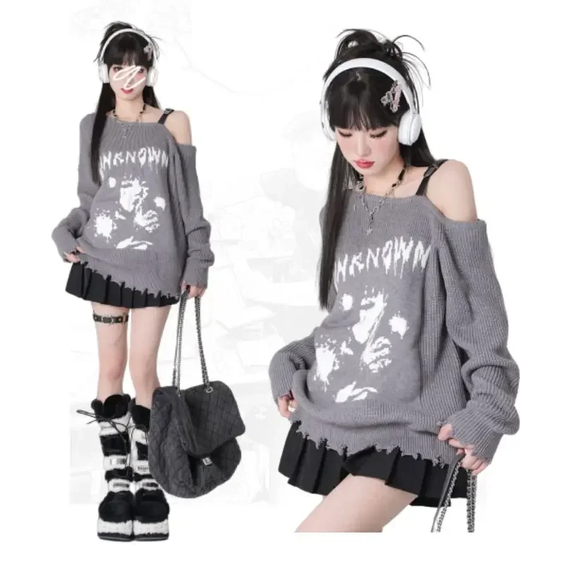 Loose Strapless Sweater Fashion Streetwear Y2k Aesthetic Pullover Print Gothic Women Jumper Harajuku One-Shoulder Knitwear