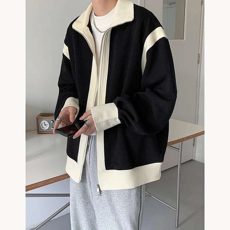 

Splicing contrasting color jacket for men with a vintage design, loose knit cardigan, zipper stand up collar sports jacket