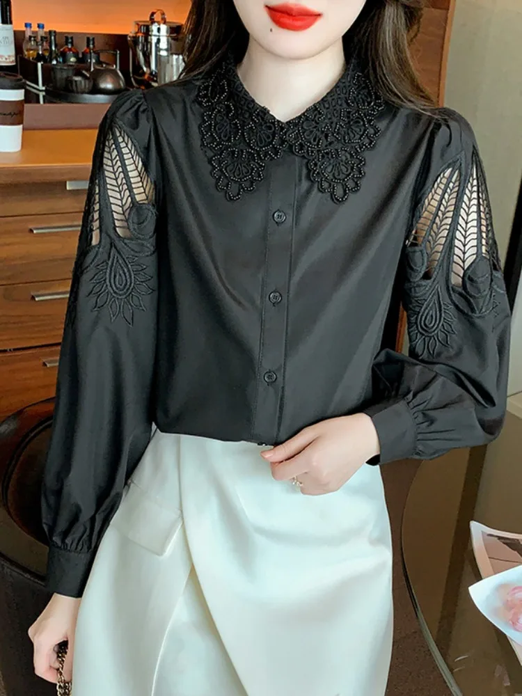 Camisas blancas de manga larga para hombre, tops bordados para mujer