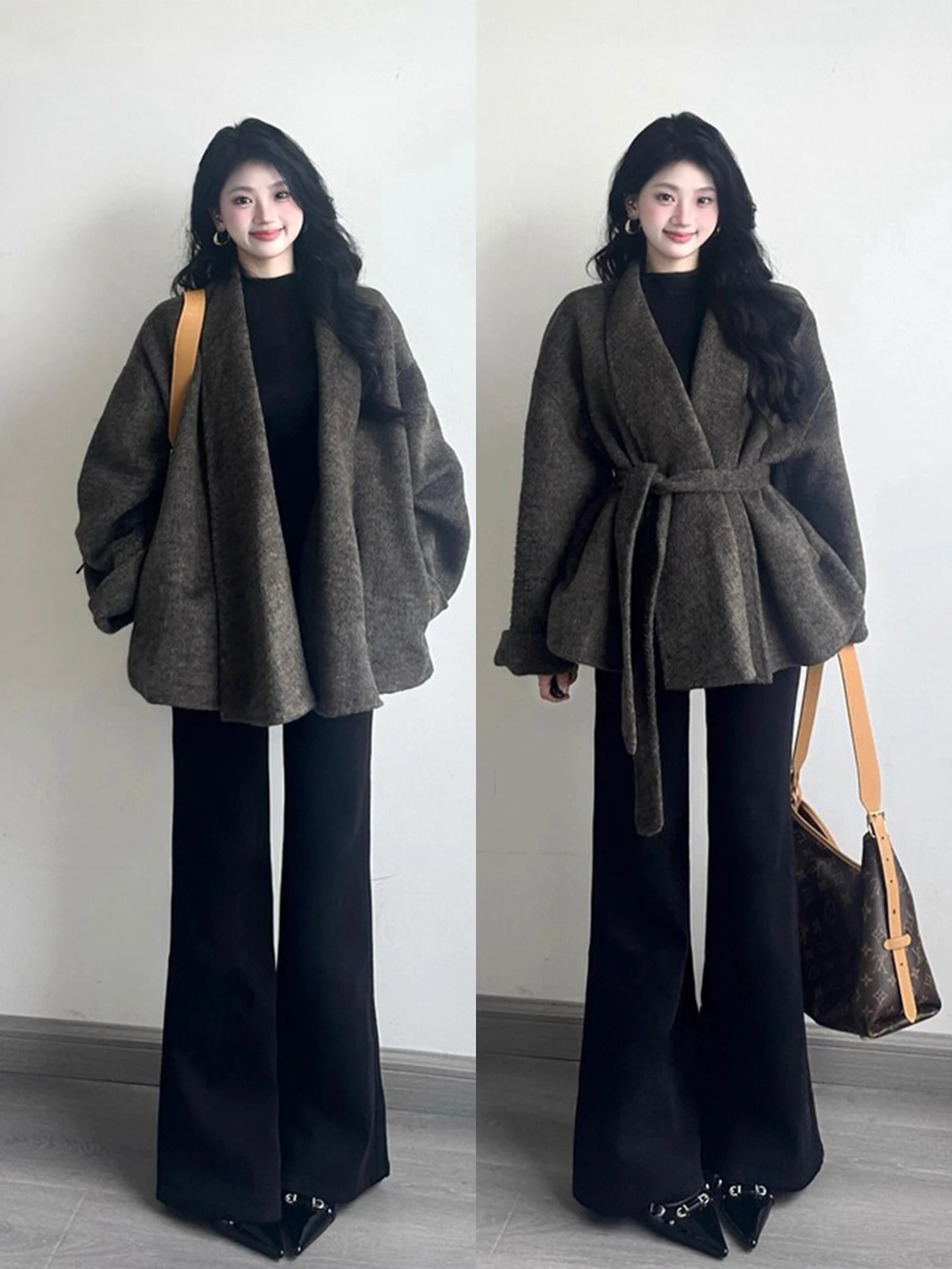 

Зимний модный комплект для женщин больших размеров: пальто и брюки с высокой талией, корейский шерстяной жакет и расклешенные брюки.