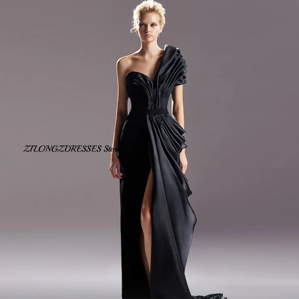 CustomizedCustomized Elegant Zipper Back One Shoulder Jersey Evening Dresses Formal Draped Front Slit Sheath Sweep Train Saudi A