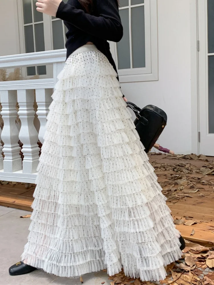 

New French style gentle retro temperament lace mesh patchwork cake skirt high waist slimming half body skirt fluffy skirt